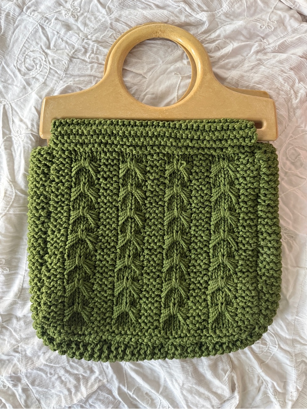 Vintage Green Crotchet Bag with Wood Handles Handmade